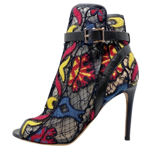 Valentino Embroidered Multicolor Rockstud Peep Toe Ankle Boots - Picture 2 of 7